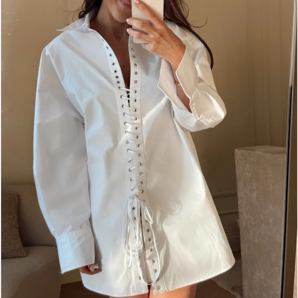 H&M White Lace-Up Button-Down Shirt Dress Size M/L Oversized Spring